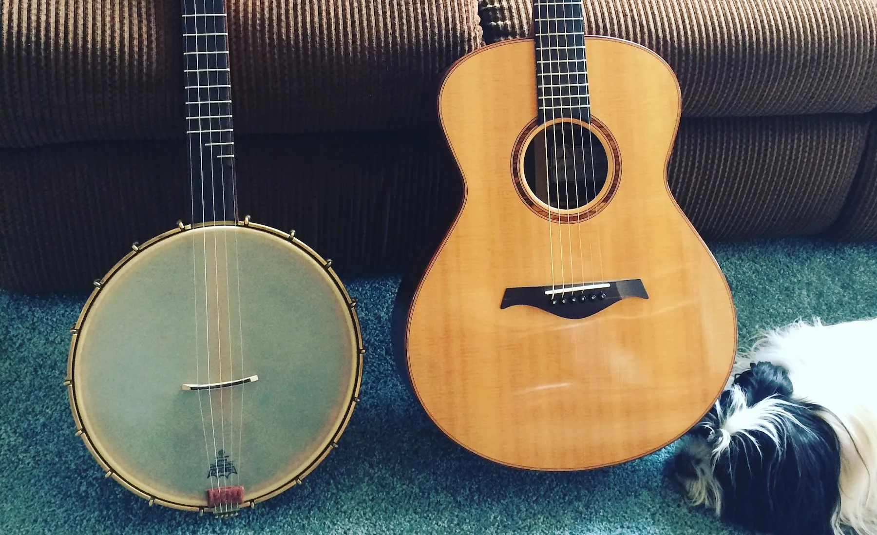 guitar and banjo leaning on the couch